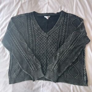 No Boundaries Washed Black V-Neck Cable Knit Sweater